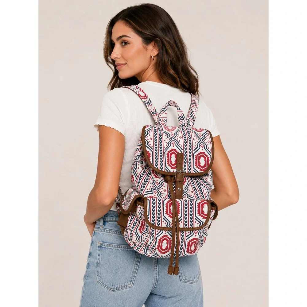 Southwestern Tribal Geometric Canvas Backpack Red Navy White Aztec Print Bag